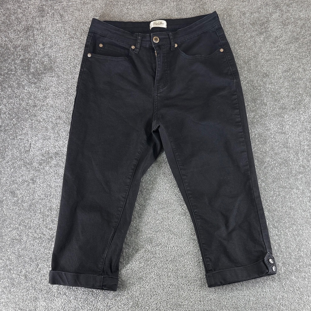TrueSlim Jeans Black Skinny Womens 8 Mid Rise Capri Cuffed Straight Leg Crop - Picture 1 of 10
